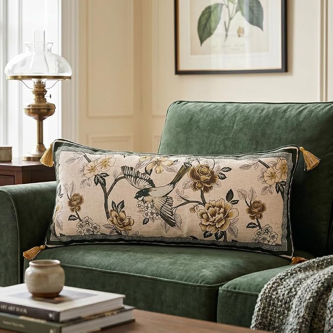 ISAENNE Vintage Linen Rectangle Throw Pillow Cover,Set of 2,28"x12"-Murad A | Designer French Decor Pillow Cover,Concealed Zipper Design,Floral and Bird Pattern,Sofa,Bedroom,Living Room,Lounge Chairs