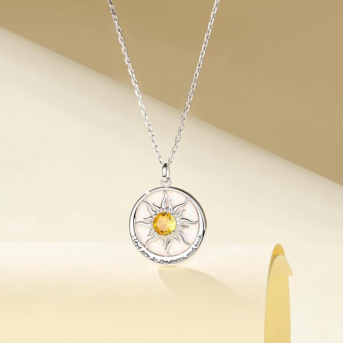 FANCIME Sunflower Necklace with Engraved Messgae 925 Sterling Silver Opal Gemstone Pendant Fine Jewelry Anniversary Birthday Gifts for Women Mom Wife Her, Chain Length 16+2 Inch