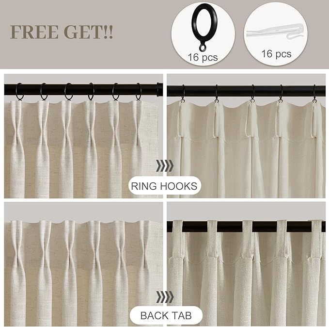 IVAPUPU Pinch Pleated Linen Curtains 108 Inches Long for Living Room, Light Filter Privacy Pleated Sheer Curtain Back Tab Drapes with Hooks for Bedroom Office, W40xL108, Burlywood Birch, 2 Panels