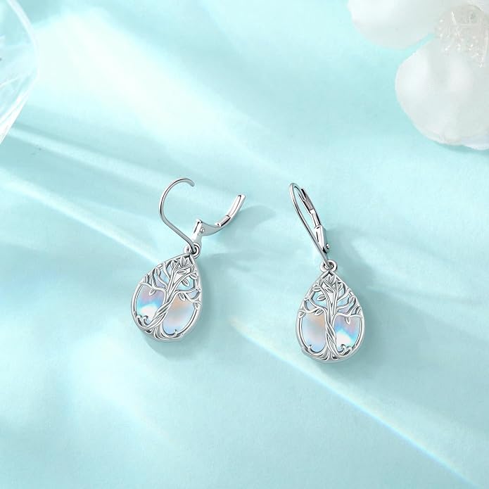 Eusense Sterling Silver Dangle Earrings for Women Tree of Life Animals Moonstone Turquoise Leverback Earrings Jewelry Gifts