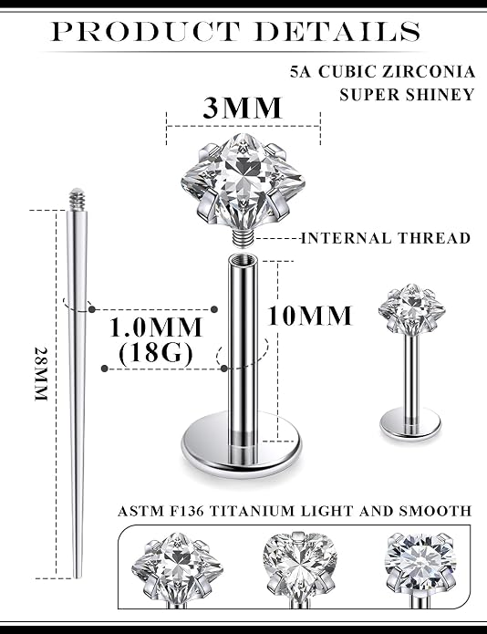 20G 18G 16G Astm F136 Titanium Internal Thread Flat Back Earrings Nose Studs Tragus Helix Conch Cartilage Lobe Earrings Medusa Labret Snake Bite Monroe Lip Ring Piercing Jewelry For Women Men