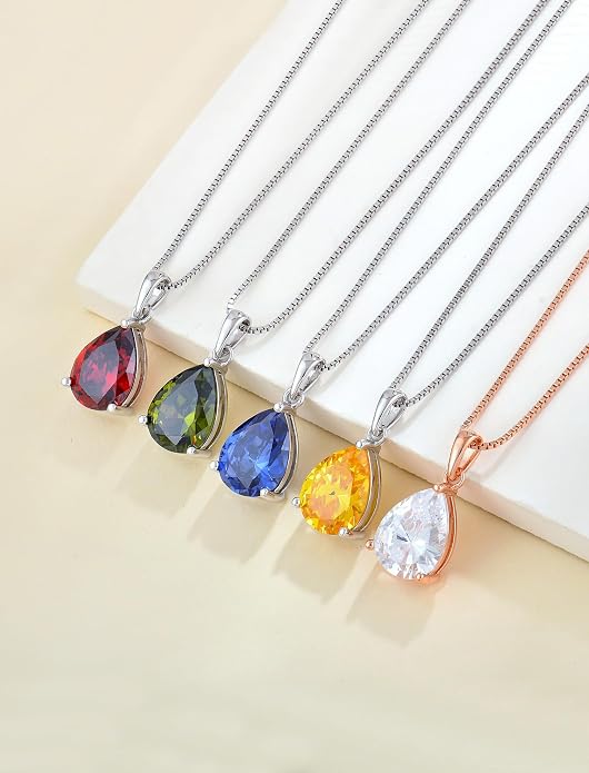 YL Teardrop Necklace 925 Sterling Silver Solitaire Pendant 9x12 MM Pear Cut Multicolored Birthstone Jewelry for Women