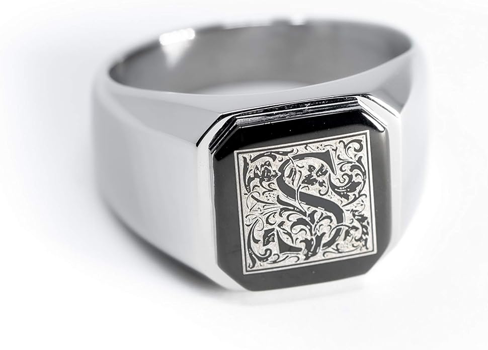 Jewelry | Stainless Steel Letter Alphabet Initial Ring | Square Flat Top Ring for Men & Women | Stainless Steel Jewelry, (Black, Gold, Silver), Size 7-16