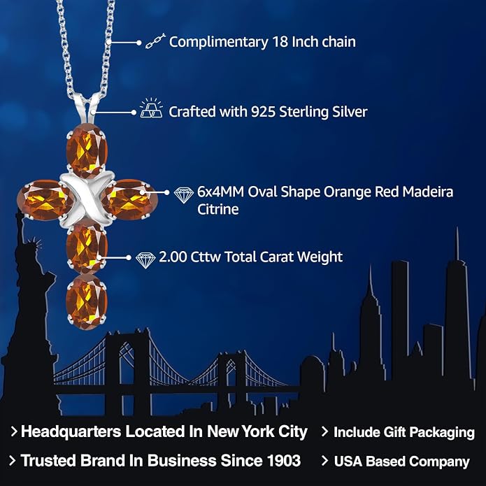Gem Stone King Cross Pendant Necklace for Women | 925 Sterling Silver | 6X4MM Gemstone Birthstone | Jesus Christian Religious Crucifix Jewelry Gifts | 18 Inch Chain