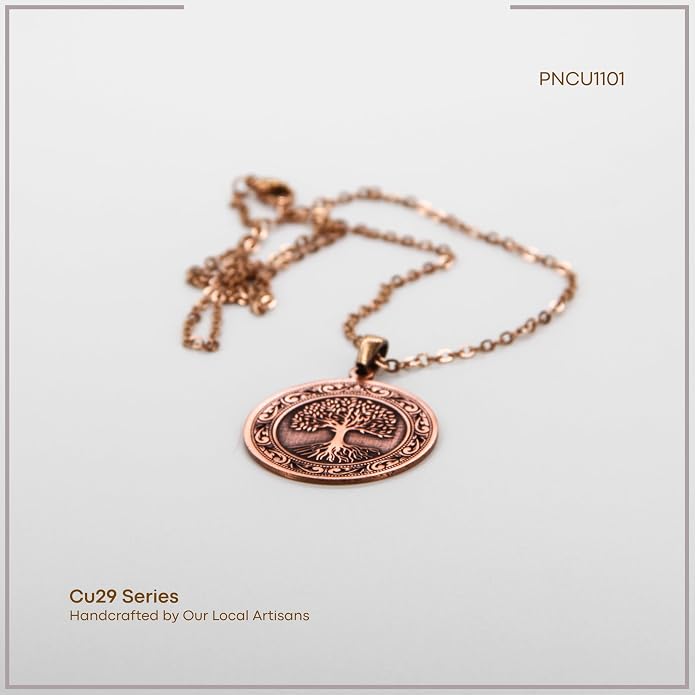 Tree of Life Pure Copper Pendant Necklace, Engraved Round Medallion (1.2”), 20.5” Stainless Steel Chain, Gift-Boxed | Aspendos
