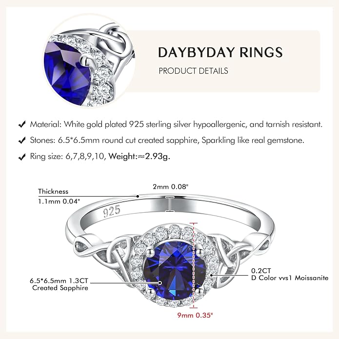 DAYBYDAY Celtic Birthstone Rings for Women 925 Sterling Silver Heart/Round/Pear/Oval Created Gemstone Moissanite Halo Engagement Promise Rings for Her Wife Birthday Anniversary Wedding Jewelry