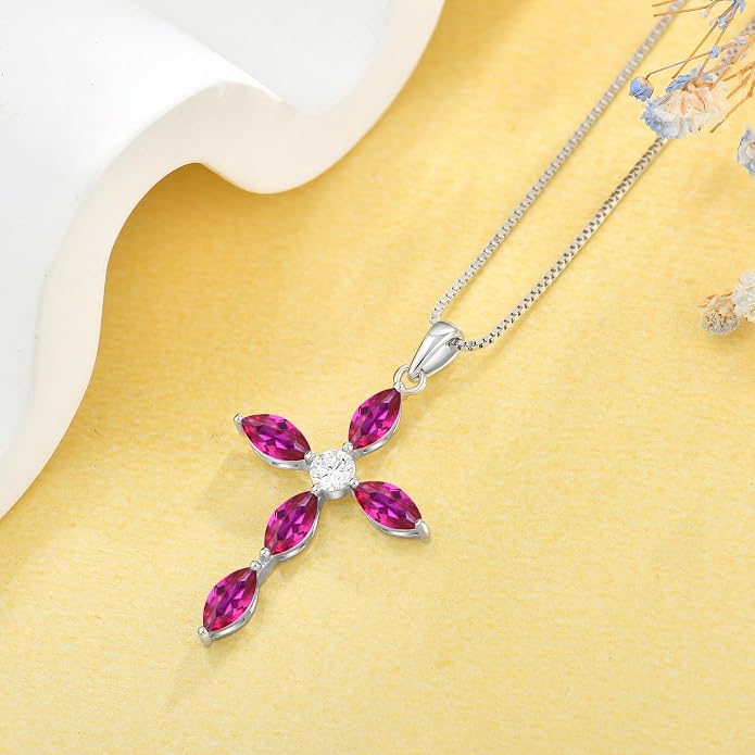 JO WISDOM Cross Necklace for Women,925 Sterling Silver Birthstone Necklaces Cubic Zirconia Cross Pendant Necklace Dainty Jewelry Gifts