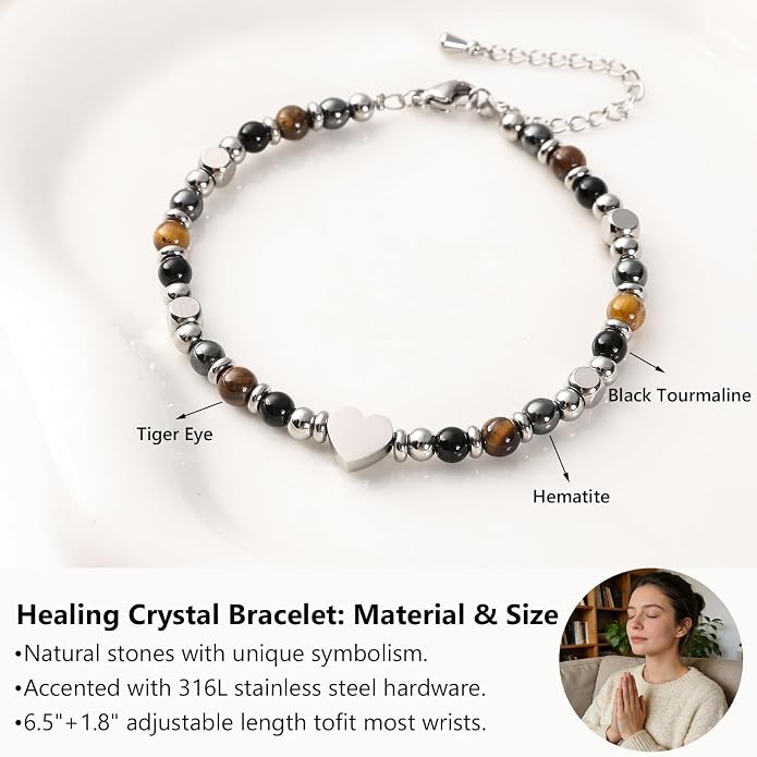Jardme Natural Healing Crystals Bracelets for Women, Anxiety Relief Triple Protection Good Luck, Kalm Bracelet, Inspirational Spiritual Jewelry Gift for Friends Daughter Mom 6.5+2 Inches