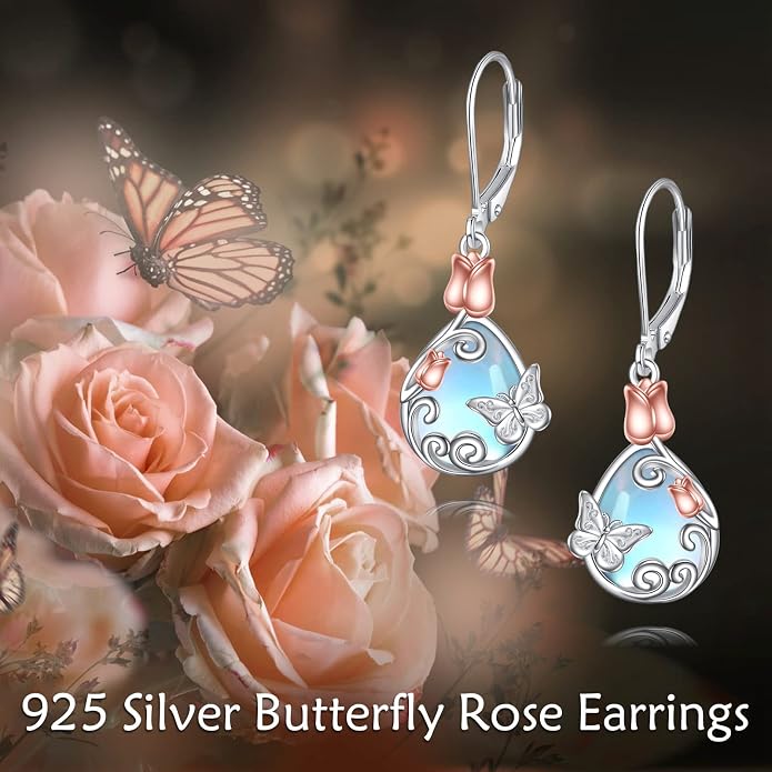 AOBOCO Teardrop Dangle Earrings for Women 925 Sterling Silver Moonstone Flower Filigree Leverback Jewelry Birthday