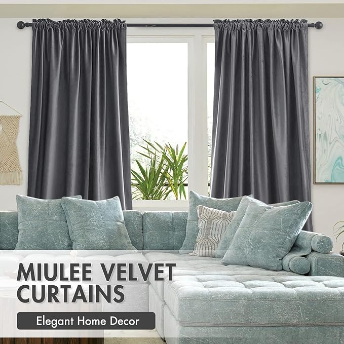 MIULEE Grey Blackout Velvet Curtains Drapes 72 Inch Long 52"x72" Bedroom | Luxurious Bedroom Living Room Decor, Room Darkening, Thermal Insulated, Rod Pocket Design, Super Soft Fabric