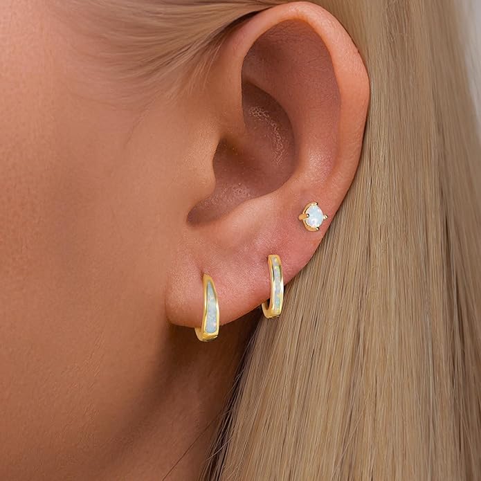CiNily Opal Earrings Set for Women Hypoallergenic, Opal Stud Huggie Hoop Earrings Silver/Rose Gold Plated Dainty Hoop Huggie Silver Dangle Earring Stacks, Gold Jewelry