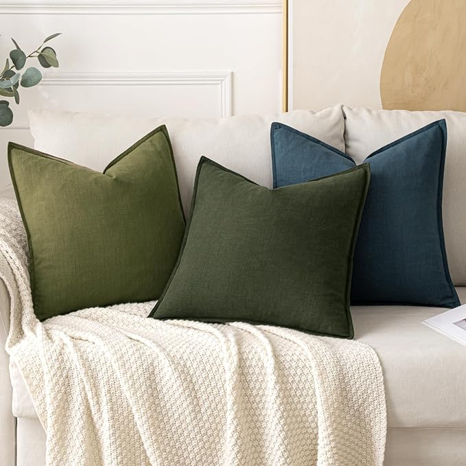 MIULEE Decorative Linen Pillow Covers 20x20 Inch Green | Boho Farmhouse Neutral Couch Throw Pillows for Bed, Pack of 2 Accent Modern Pillowcases, Sofa Livingroom Home Decor