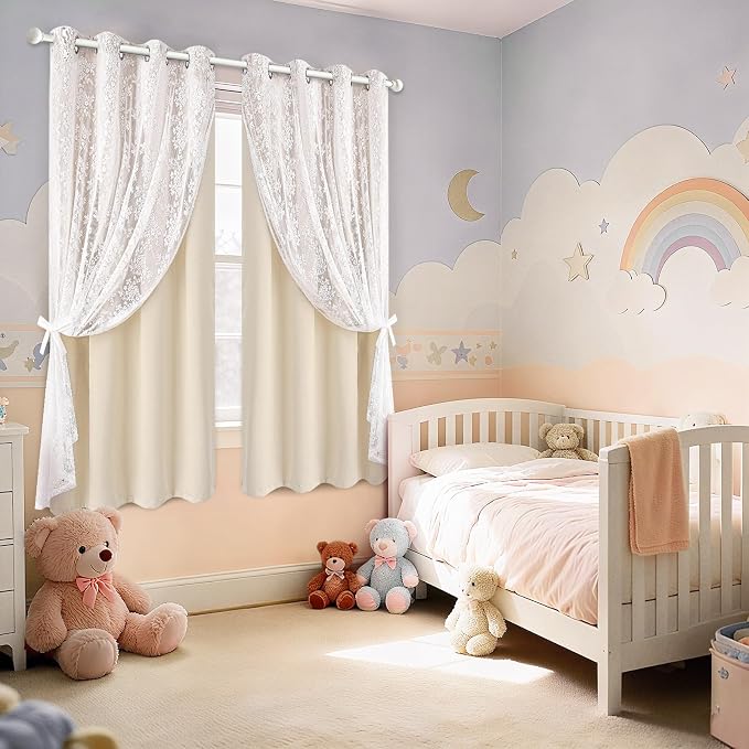 Yinhua Blackout Curtains for Bedroom Double Layer Beige Curtains for Living Room 63 Inch Length 2 Panels Set Kid Curtain with Floral Sheer Overlay, Grommet Drapes with Tiebacks, 52" W x 63" L
