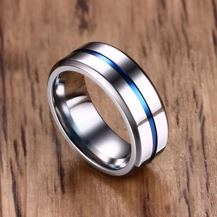 MMTTAO Men's Titanium Ring Wedding Bands for Men Women 6MM 8MM 10MM Black/Blue/Silver Engagement Band Wedding Rings Beveled Edge Brushed Matte Finished & Polished Grooved Center Comfort Fit Size 6-13