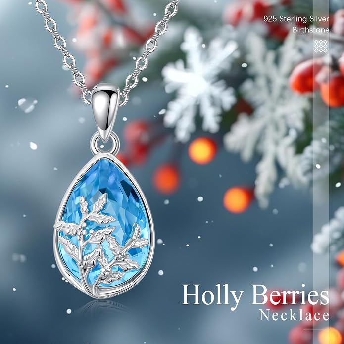 925 Sterling Silver Birth Flower Necklace with Teardrop Shaped Birthstone - 12 Colors, 12 Kinds of Flower - Ideal Birthday Jewelry Gift for Women, Mothers, Daughters & Wives