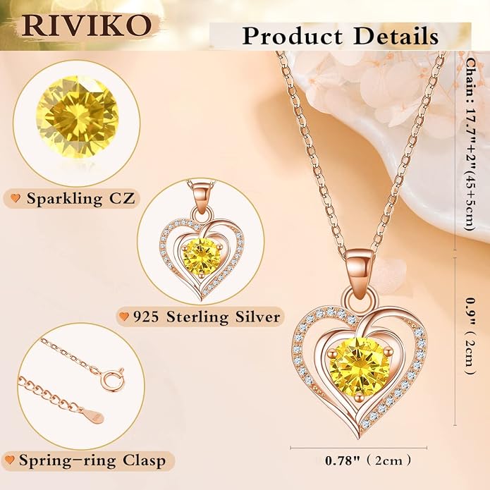 RIVIKO Heart Birthstone Pendant Necklace for Women 925 Sterling Silver Zirconia Necklaces Valentine's Day Anniversary Birthday Mothers Day Jewelry Gifts For Her Mother Wife