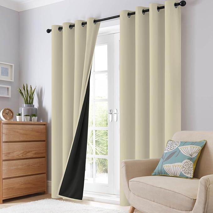 SimpleHome Light Cream 100% Blackout Curtains Room Darkening Living Room 63 | Curtains for Bedroom,Thermal Insulated Grommet Window Drapes,Curtains for Living Room with Black Back,52 x 63 Inch,2 Panels