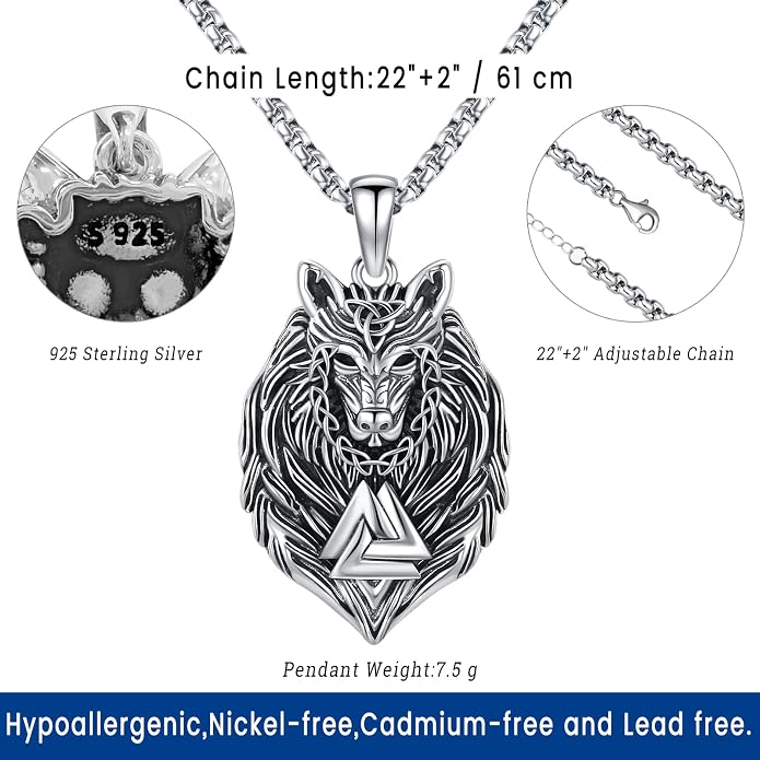 Eusense Viking Necklace for Men Women 925 Sterling Silver Pendant Thors Hammer/Norse Runes/Odin's Ravens/Wolf/Dragon/Snake/Yggdrasil/Freya/Helm of Awe/Valknut/Triskelion/Axe/Shield Viking Jewelry