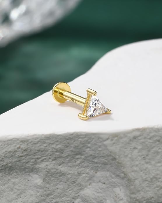 COCHARM 14K Real Gold Helix Cartilage Conch Earring, 16g Flat Back Triangle Tragus Piercing Jewelry, Solid Gold Lip Ring Stud, Yellow Gold Labret Jewelry