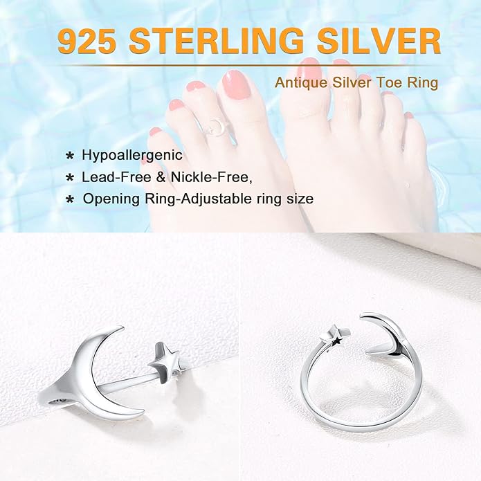 SILVERCUTE Toe Ring, Chic 925 Stamped Toe Ring, Band/Leaf Toe Ring, Sterling Silver Open Adjustable Toe Ring Set, Adjustable Pinky Rings