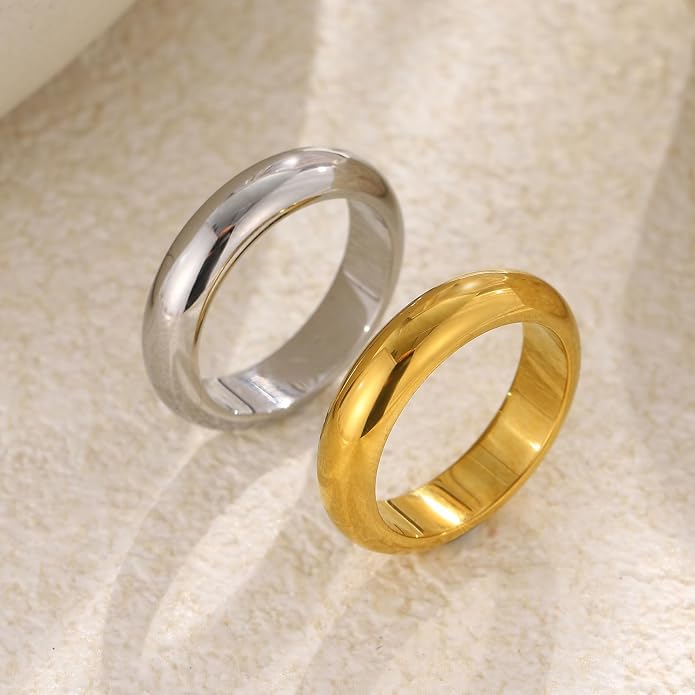 Unisex 5mm Chunky Dome Wedding Band Ring, Comfort Fit Stackable Signet Ring, Tarnish Resistant Hypoallergenic, 18K Gold Plated or Steel