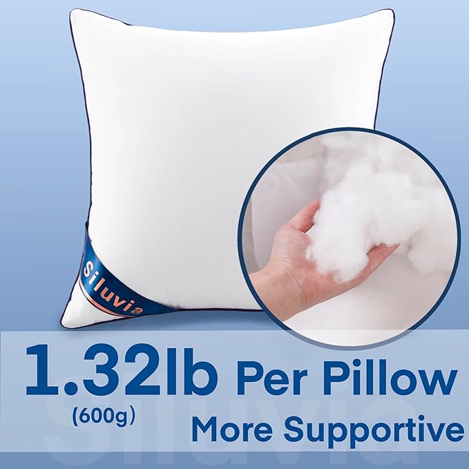 Siluvia 18"x18" Pillow Inserts Set of 2 Decorative Square Throw 18" Pillows with 100% Cotton Cover for Sofa, Couch, and Bed - White | 100% pure cotton cover, soft and breathable
