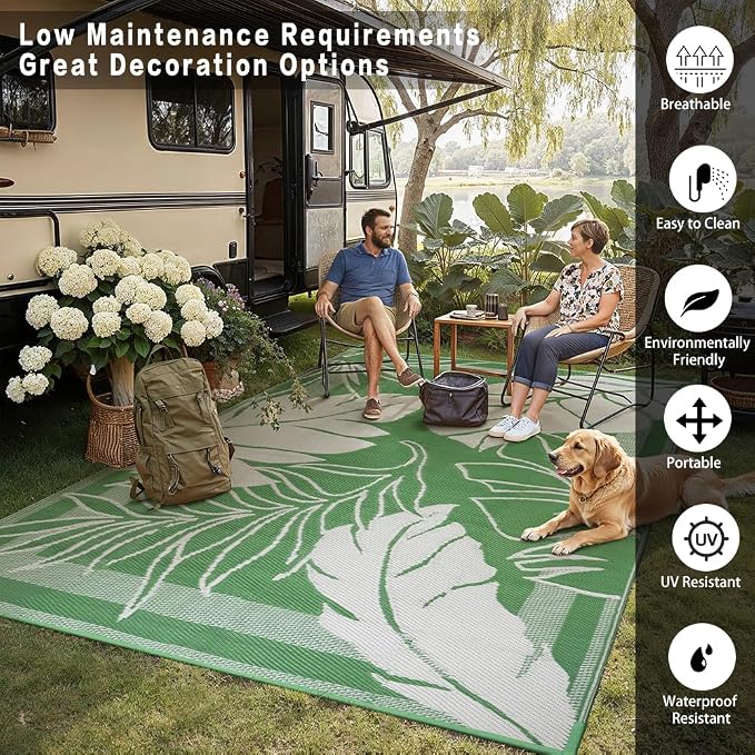 HUGEAR 6'x9' Outdoor Rug Waterproof Plastic Straw Rugs Green Reversible Olive Leaf Mat Floor Carpet for Camping RV Deck Entryance Porch Picnic Balcony Beach Backyard