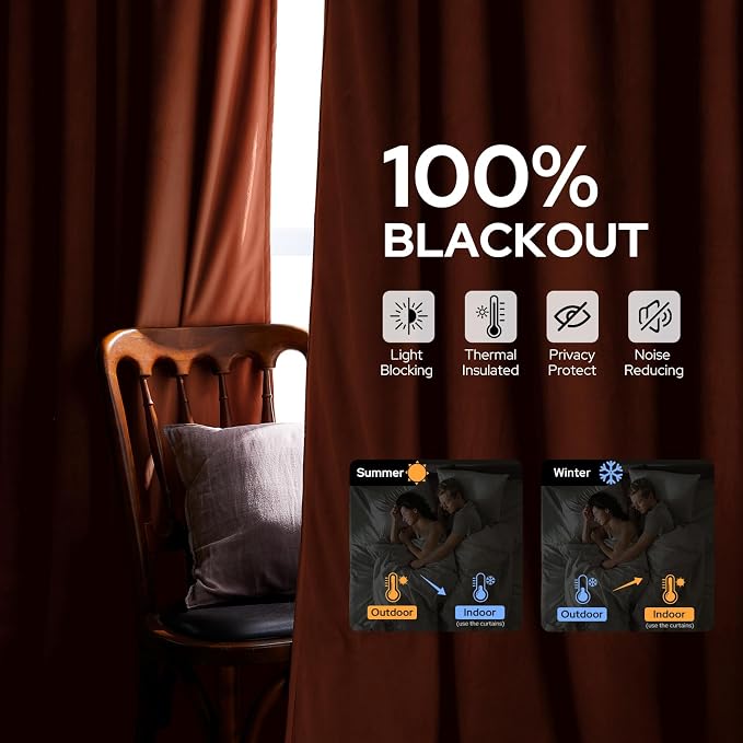 HOMEIDEAS 100% Blackout Burnt Orange Velvet Curtains, Thermal Noise Reduction Luxury Vintage Christmas Velvet Curtains for Bedroom Decor, Living Room, Home, 52 X 84 Inch, 2 Panels