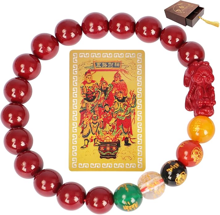 Five Roads Wealth God Cinnabar Pixiu Bracelet - Feng Shui Red String Bracelet for Good Luck & Money Attraction, Fortune Blessing for Men & Women, Adjustable Lucky Charm Bracelet (Classic & Cinnabar Options, 8/10/12mm)
