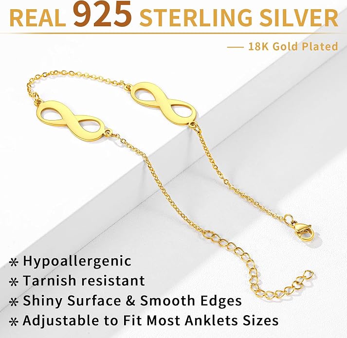 ChicSilver Personalized 925 Sterling Silver Infinity Anklets for Women, Dainty Beach Foot Jewelry (with Gift Box)