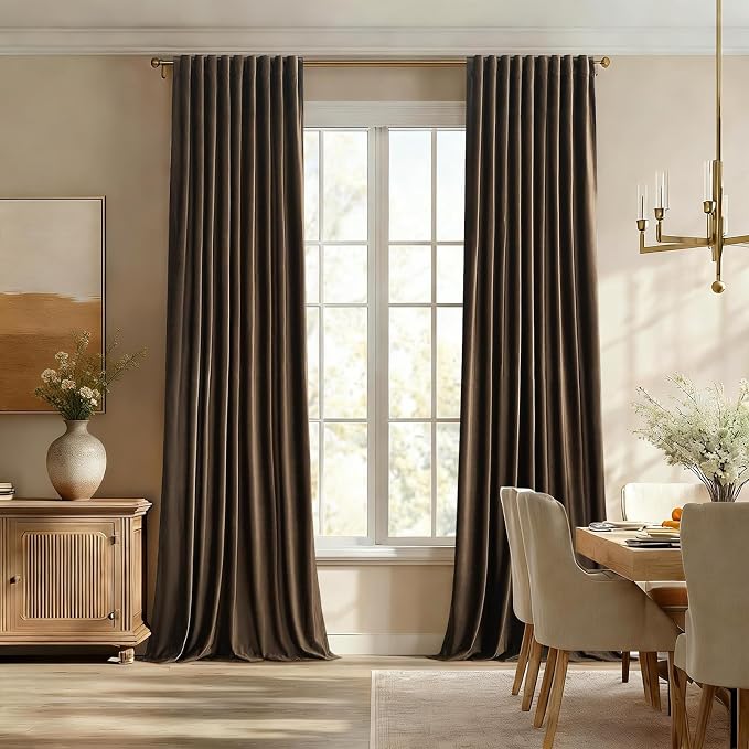 PRIMROSE 100% Full Blackout Brown Velvet Curtains 63 inch Long for Living Room,Set of 2 Liner Rod Pocket Back Tab Thermal Window Curtains Room Darkening Heavy Decorative Curtains Drapes for Bedroom