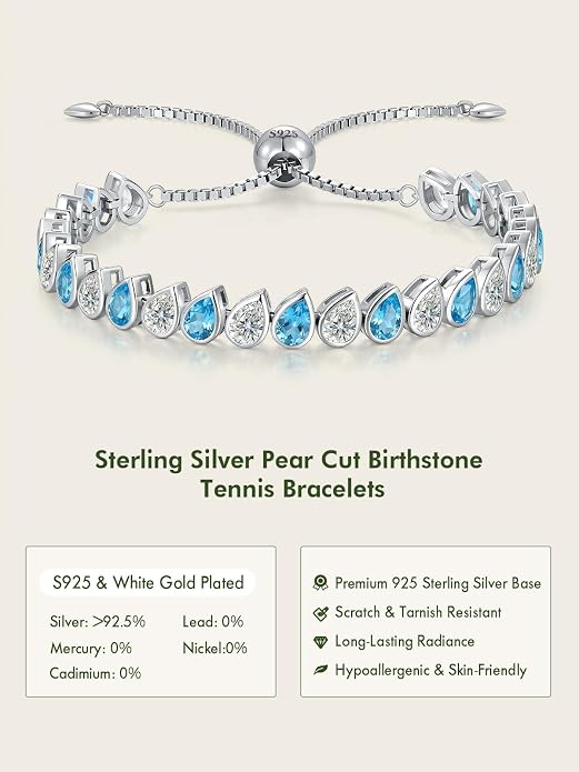 Birthstone Tennis Bracelet for Women 925 Sterling Silver Pear Shaped Gemstone Inlaid White Gold Plated Adjustable Chain Gifts for Mom Wife