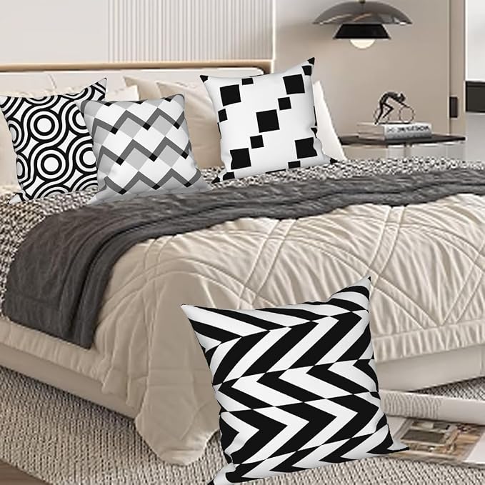 Black White Throw Pillow Covers Geometric Modern Abstract Grey Stripes Minimalist Art Boho Pattern 16x16 Set of 4 Cushion Cover for Outdoor Indoor Sofa Chair Couch Garden Patio Farmhouse