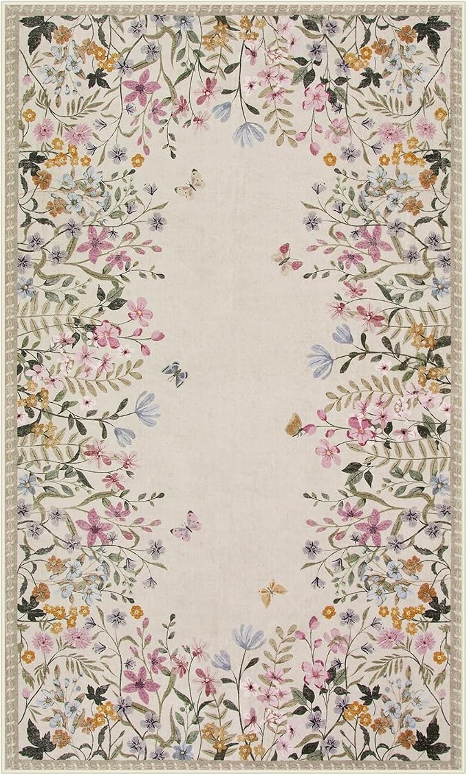 Wonnitar 4x6 Washable Area Rug, Boho Floral Bedroom Rug, Botanical Carpet for Nursery, Beige Non Slip Office Rug, Farmhouse Kitchen Kids Playroom Decor (4x6 Beige)