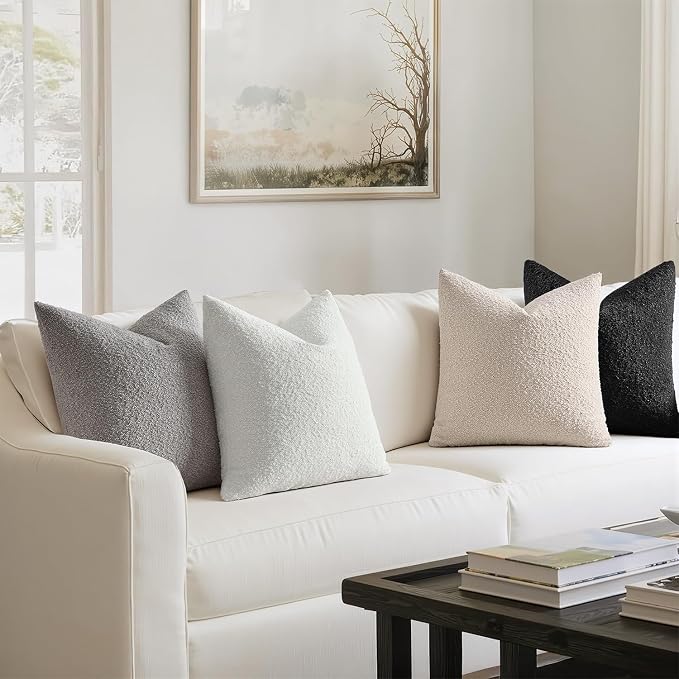 MIULEE Decorative Boucle Throw Pillow Covers 20x20 Black White Set of 4 | Textured Accent Pillow Cases Soft Couch Cushion Covers for Modern Farmhouse Boho Sofa Bed Livingroom Home Decor