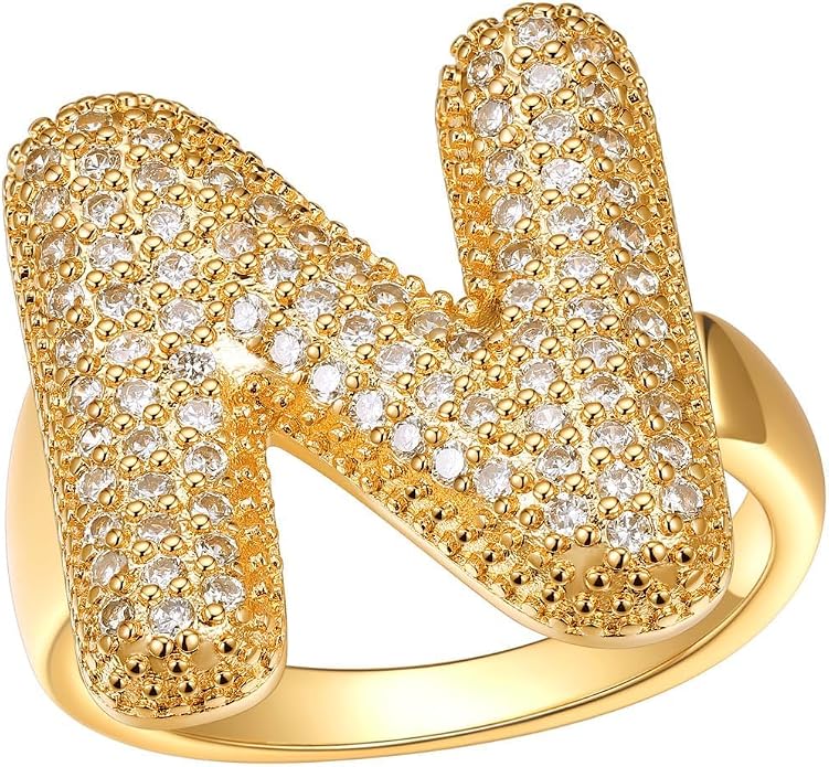 FindChic Initial Ring for Women, Gold Plated Chunky Letter Rings Open Adjustable Trendy Sparkling Cubic Zirconia Personalized Statement Rings Jewelry Gift