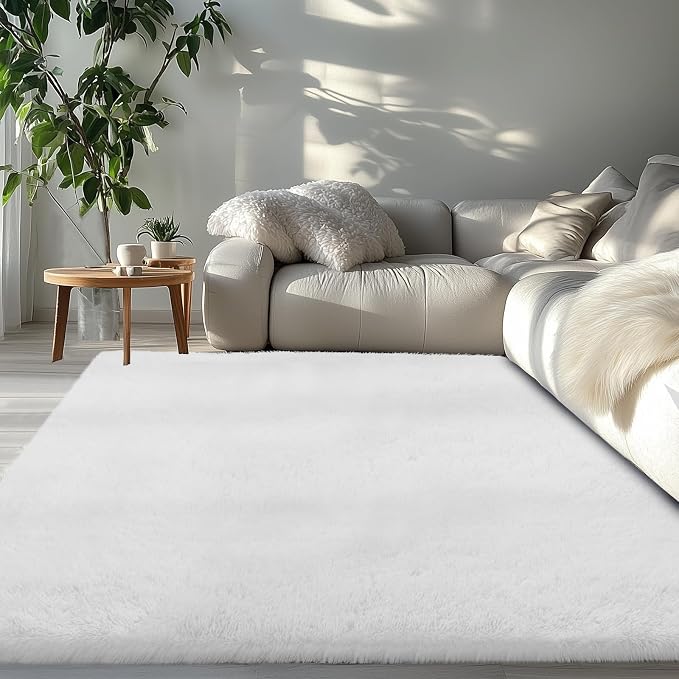 Topmaxcs White Fluffy Bedroom Area Rug : Fluffy Area Rugs for Living Room - White Shag Bedroom Area Rug 5x7
