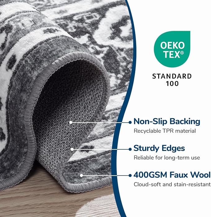 Lessymo 6x9 Bedroom Area Rugs- Machine Washable Area Rugs, Super Soft Faux-Wool Area Rug for Living Room, Boho Area Rug Vintage Floral Medallion Non-Slip Low Pile, Grey White