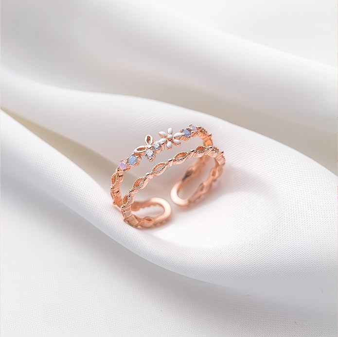 LOVECOM 925 Sterling Silver Butterfly Daisy Flower Rings for Women Mothers Self Love Ring for Myself Adjustable Gold Layered Colorful Opal Cubic Zirconia Stackable Ring Jewelry Gifts to Daughter