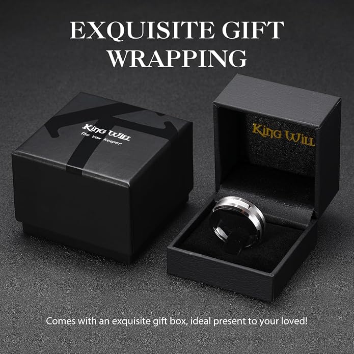 King Will Classic Tungsten Carbide Ring Brushed Two Grooved Center Hammered Design Mens Wedding Band for Men