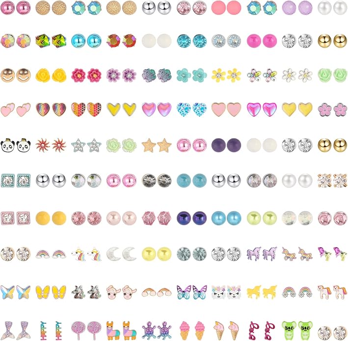 NEWITIN 100 Pairs Colorful Cute Earrings for Girls Sensitive Ears Hypoallergenic Girl Stud Earrings Set Stainless Steel Cartoon Stud for Girls and Women