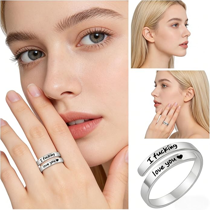 I Fcking Love You Ring, Stainless Steel Engraved Inspirational Words Heart Open Adults Women Vintage Promise Rings Lover Wife Jewelry