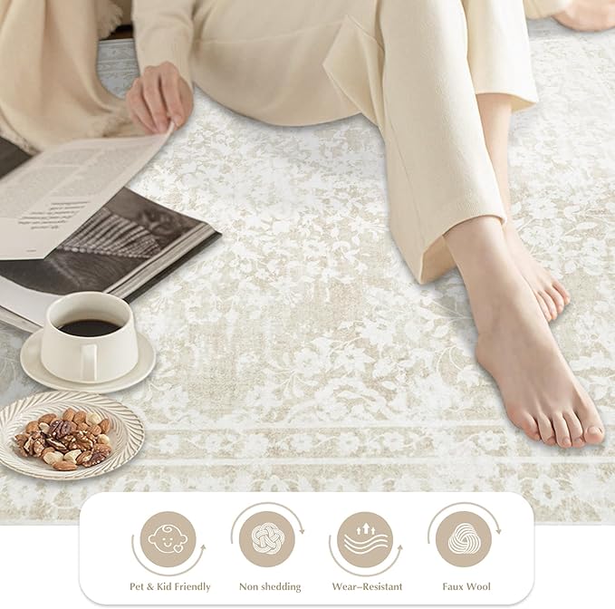 Aoyaomi Vintage Living Room Area Rug - 5x7 Large Machine Washable Boho Area Rug Distressed Floral Rugs for Bedroom, Soft Non-Slip Indoor Floor Accent Rugs for Office Dining Room (Cream Beige, 5'x7')