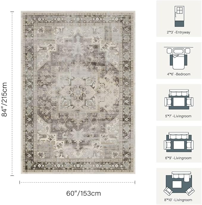 Rugxara 5X7 Washable Area Rug for Living Room, Vintage Large Boho Rugs for Office, Dining Room, Kids Room, Farmhouse, Durable Low Pile Non Slip Carpet for High Traffic Areas, Brown