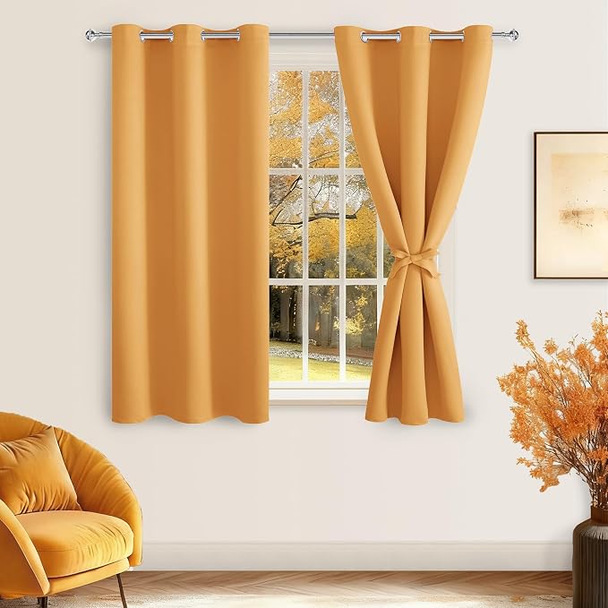 Hiasan Short Blackout Curtains for Bedroom - Thermal Insulated & Light Blocking Window Curtains for Living Room, 2 Drape Panels Sewn with Tiebacks, Pumpkin Orange, 42 x 45 Inch