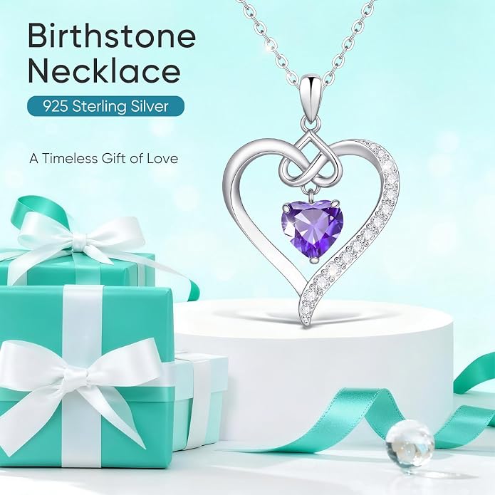 925 Sterling Silver Birthstone Heart Necklace for Women - Infinity Love Pendant with Cubic Zirconia, 12 Colors, Valentine's Day Gift for Her, 12 Months, Birthday Anniversary Christmas Jewelry Gifts