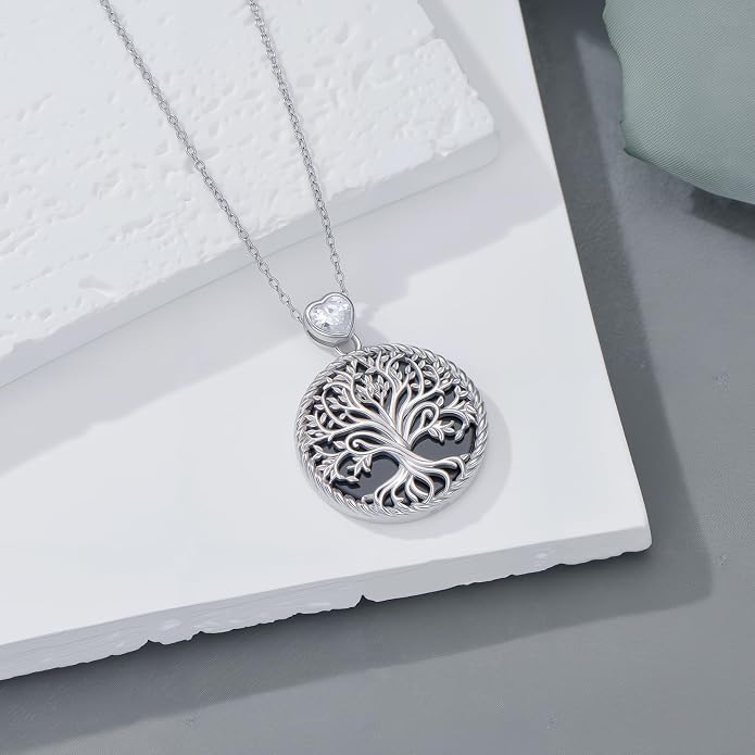 Tree of Life Moissanite Necklace, 925 Sterling Silver 0.5 Carat Moissanite Abalone Shell/Opal/Black Onyx/Turquoise/Malachite/Tiger Eye Stone Tree of Life Pendant Necklaces Jewelry Gift for Women Mom