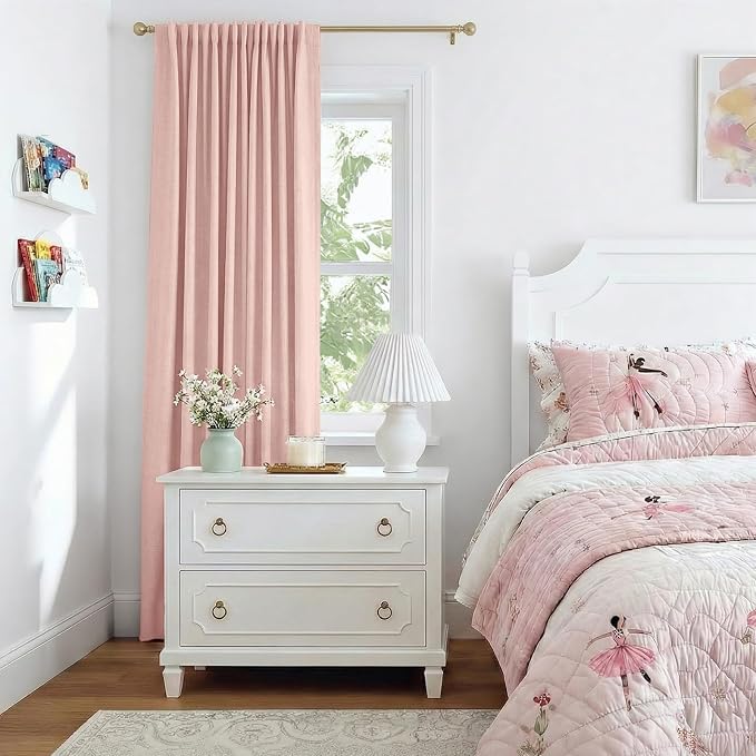 INOVADAY 100% Blackout Curtains for Bedroom, Blush Pink Black Out Curtains 108 Inch Long, Clip Rings Linen Blackout Drapes, Thermal Insulated Room Darkening for Living Room, 1 Panel - W102xL108