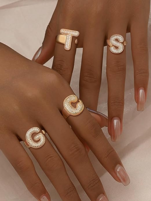 KeyStyle Bold Initial Letter Rings Adjustable, GoldChic Jewelry Women Gold Statement Ring Personalized Engraved Women’s Open Signet Ring for Party (Gold, White Gold, Black)