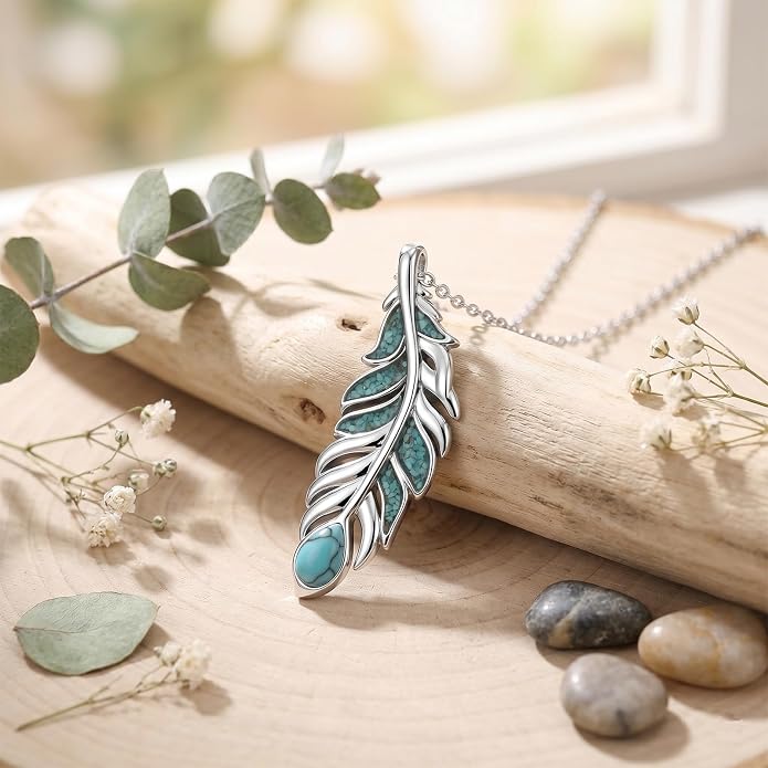 Feather Necklace White Gold Boho Jewelry Nature Inspired Statement Birthstone Pendant Gifts for Women